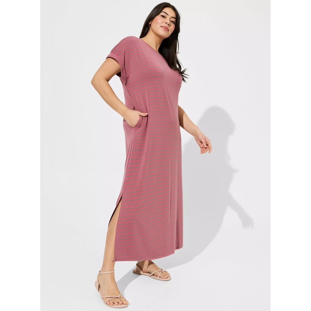 Torrid Dress Womens Plus 1 Pink Striped Knit Jersey Tshirt Pockets Rolled Sleeve